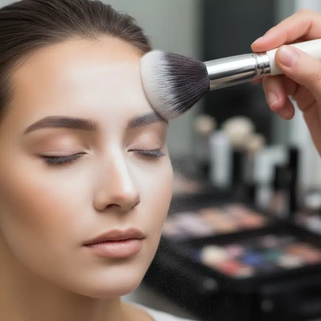 Applying translucent setting powder with a fluffy brush for cloud skin