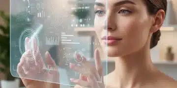 Woman with radiant skin protected from blue light by a futuristic skincare routine.