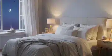 Serene bedroom with soft lighting, inviting bed, and calm night sky view, symbolizing peaceful sleep.