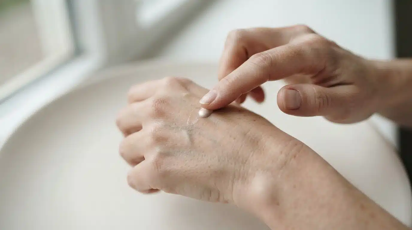Close-up of a hand applying a luminous skin tint, showcasing its hydrating texture for mature skin.