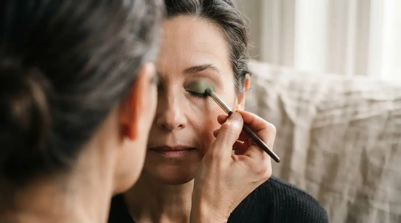 Woman applying crease-proof cream eyeshadow to her mature skin, focusing on lifting and brightening techniques.