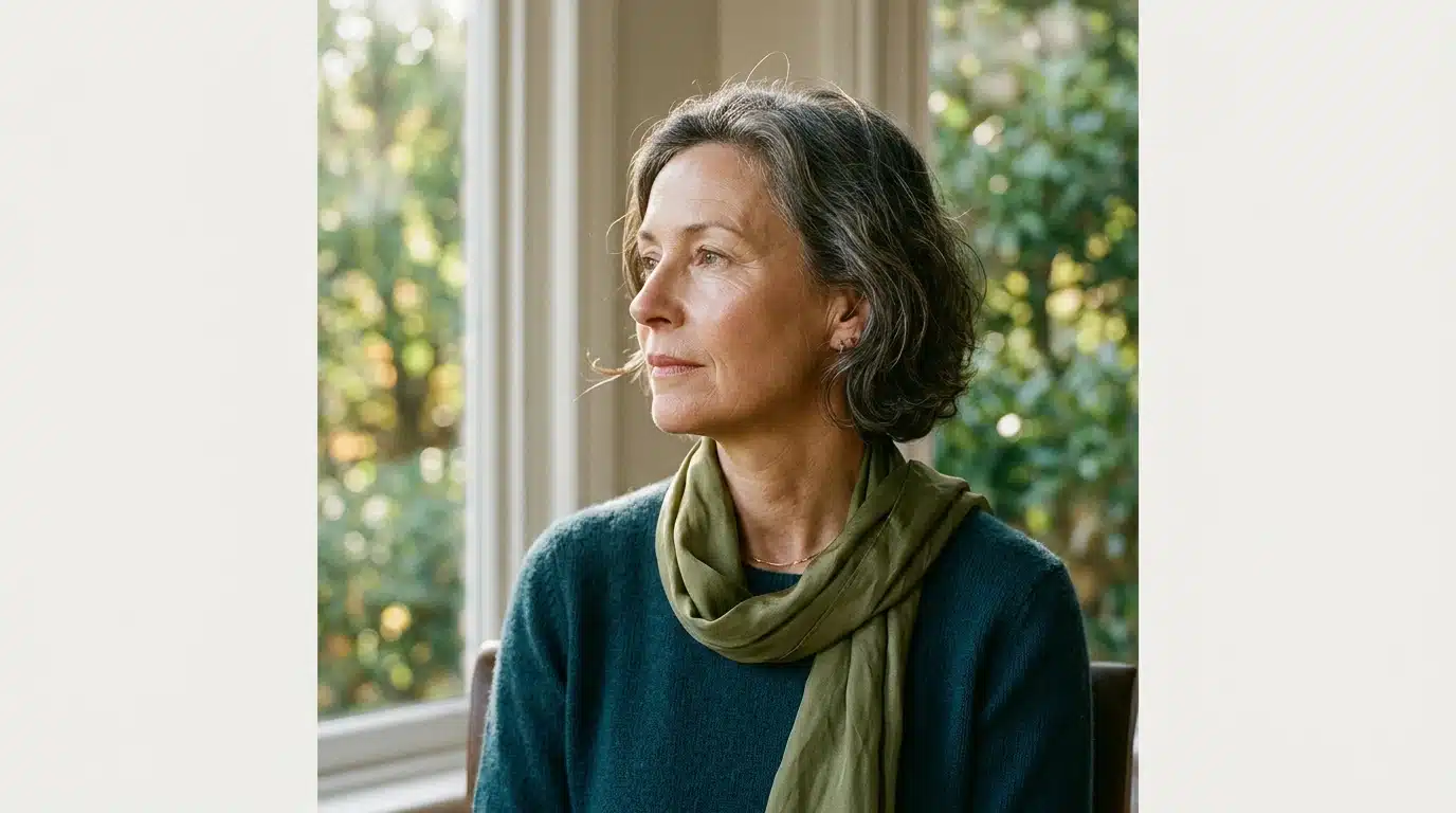 A woman in her late 50s with luminous soft glam makeup, a subtle green scarf, and natural light emphasizing skin texture.