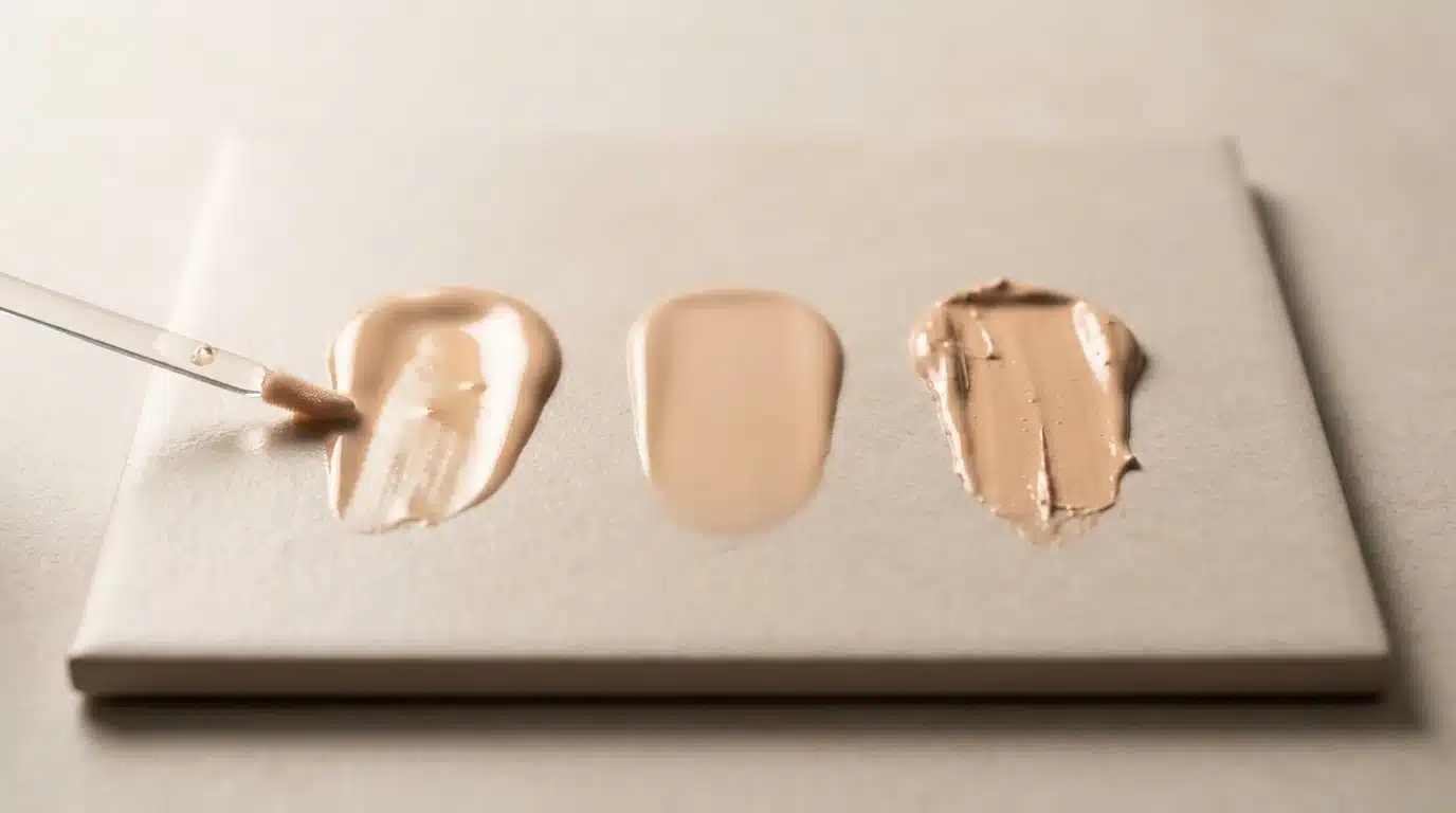 Three swatches of innovative serum and blurring foundation formulas on a ceramic tile, illustrating different textures and finishes.