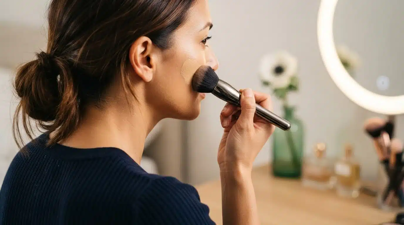 Woman applying foundation with a brush using a light hand, demonstrating modern blending techniques to prevent creasing.