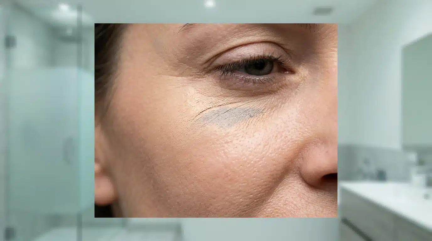 Close-up of a woman's cheek showing foundation creasing in a fine line, emphasizing skin texture and dehydration, illustrating makeup challenges.